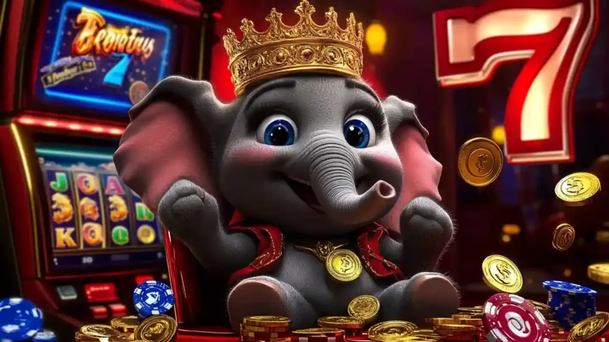 Mascote elefante bebê usando coroa dourada sentado em pilha de fichas de cassino