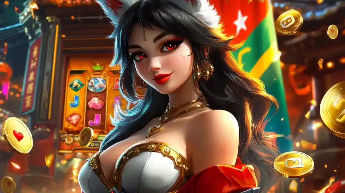 Personagem morena com olhos vermelhos e orelhas de gato em frente a caça niqueis